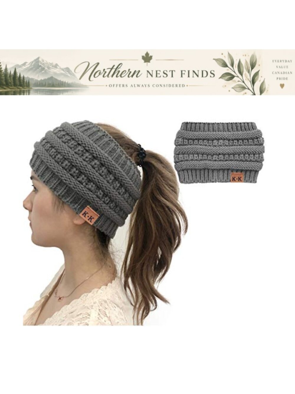 Womens Winter Knit Headband Beanie Messy Bun Ponytail Ear Warmer